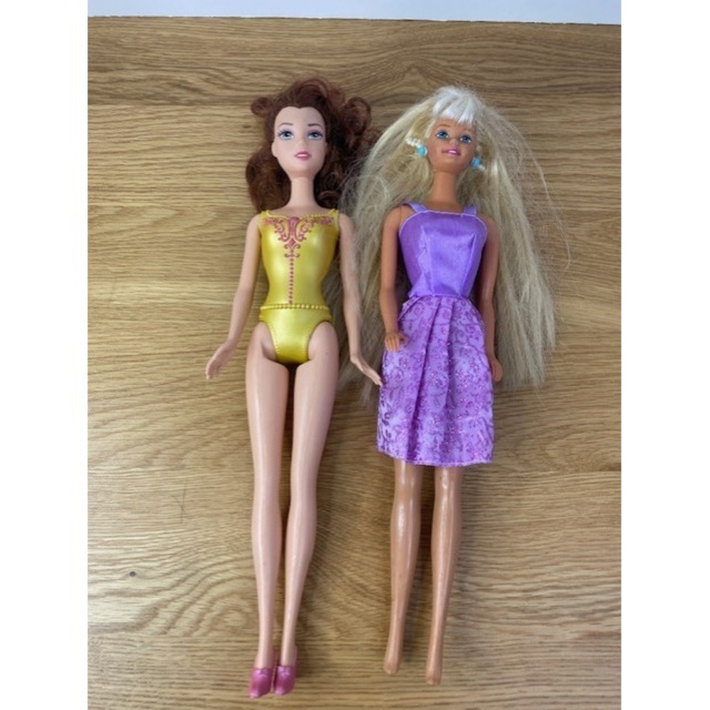 Mattel Barbie & Disney Belle Doll Lot Kids OS Purple Yellow Good 2pc Set